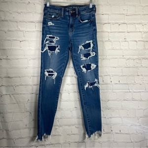 American Eagle Hi Rise Jegging Blue Jeans Med Wash Distressed Raw Hem 6 27x27